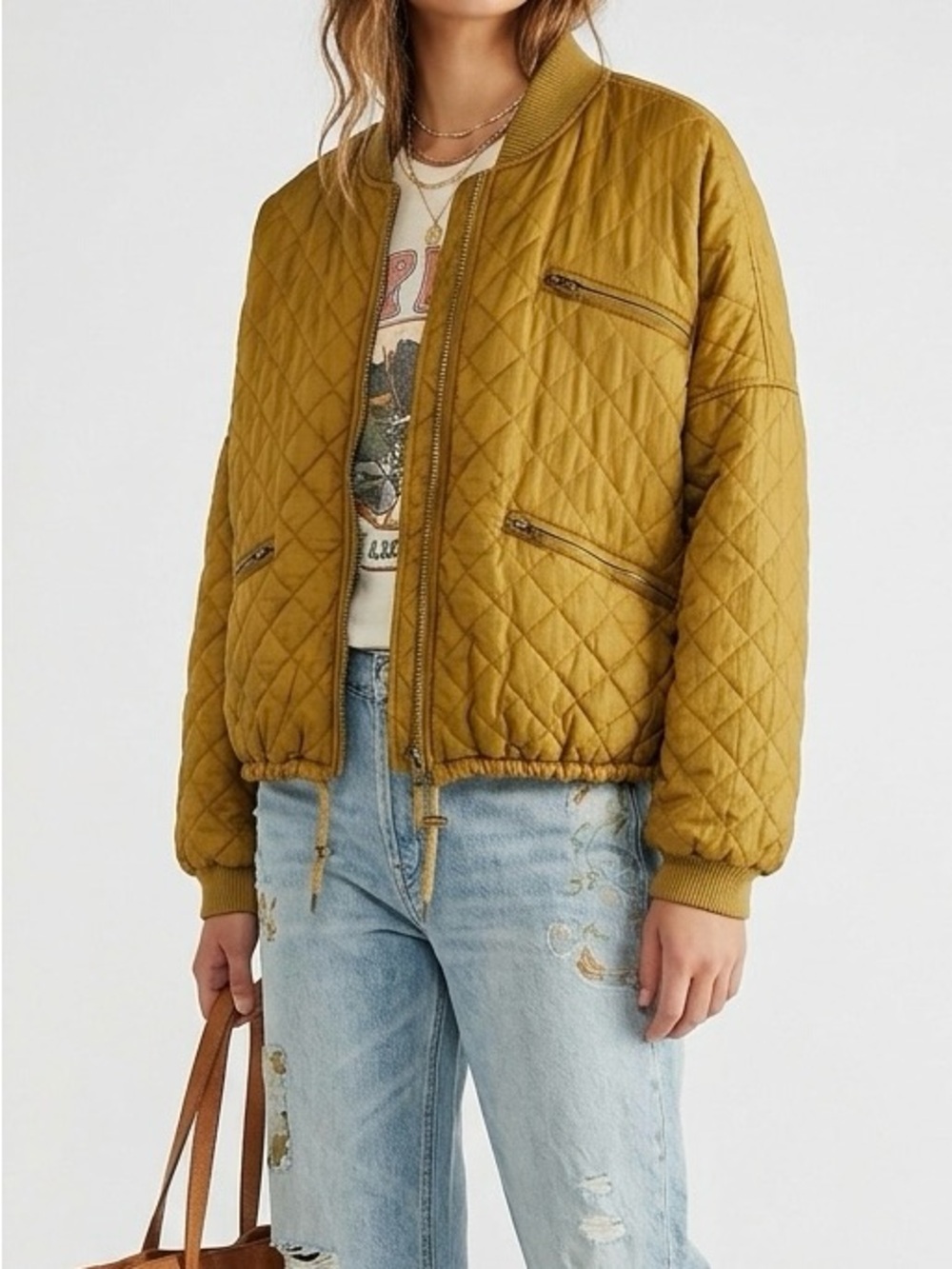 Free People Easy Quilted Bomber Jacket Moss S Utility Chic Boho Casual